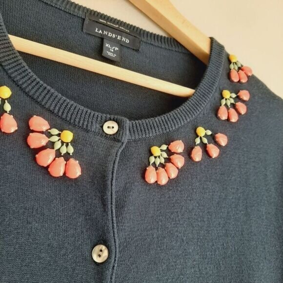LAND'S END 100% Supima Cotton Gem Neckline Button Down Cardigan Navy Sz XL P 18 - Picture 4 of 11